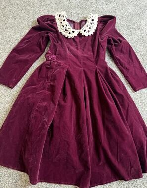 VINTAGE Jenny Annie Dots Burgundy Velvet Prairie Cottage Dress Girls Size 8